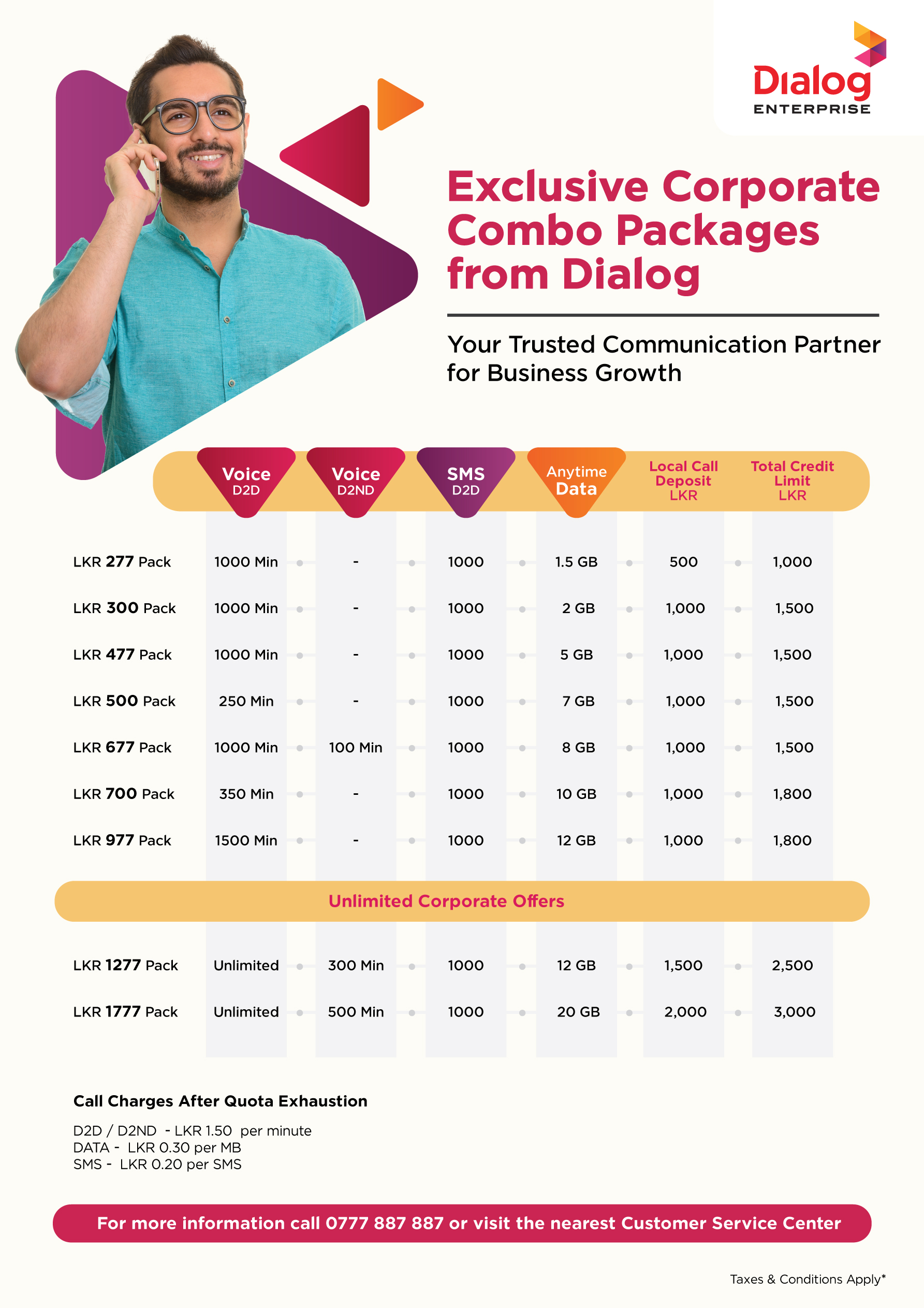 Get Customized Mobile Packages for your business including Calls, SMS and anytime data with Corporate Combo Package.